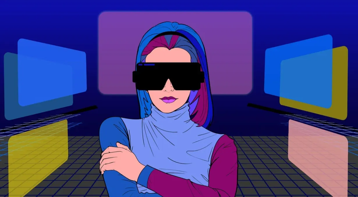 Frau steht in einem Raum des Metaversum.